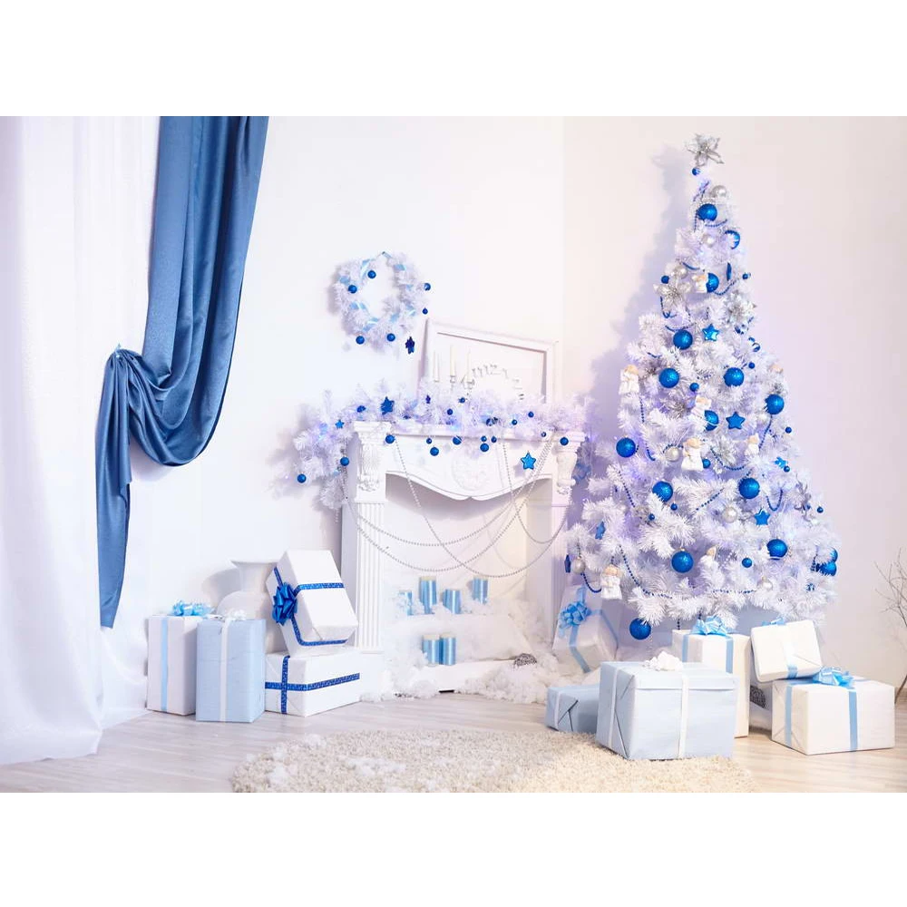 

Indoor Fireplace Garland Photo Background Christmas Tree Printed Present Boxes Blue and White Color Xmas Party Booth Backdrop