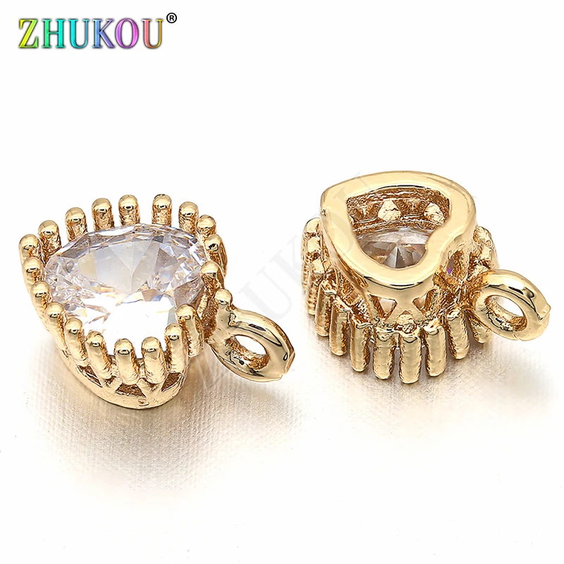 7*10mm Brass Cubic Zirconia Heart Pendants Charms DIY Jewelry Bracelet Necklace Making, Hole: 1mm, Model: VD270