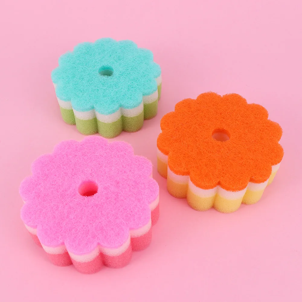 Practical Sponges Scouring Pads Flower Shape Sponge Brush Tableware Glass Wash Dishes Kitchen Cleaning Tool Random Color