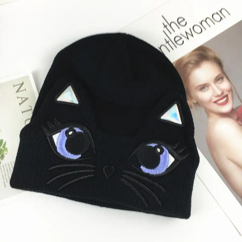 2019 Cotton Cat Modeling Embroidery Thicken Knitted Hat Winter Warm Hat Skullies Cap Beanie Hat for Men and Women 18