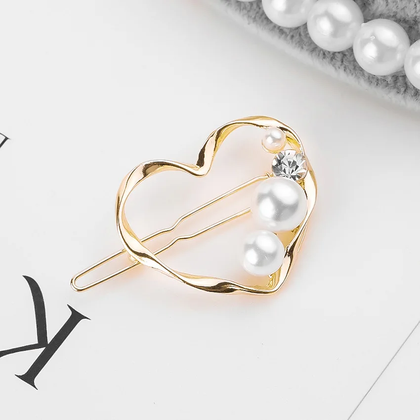 Simple Retro Wild Geometric Imitation Pearl With Rhinestones Gold Triangle Heart Small Hairpin Headdress Bangs Clip Female