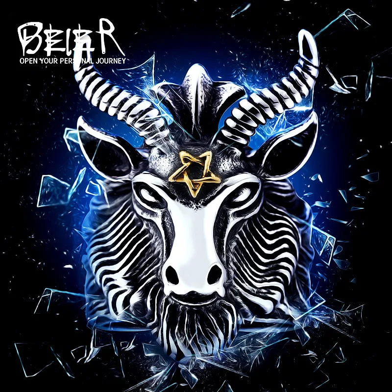 BEIER Vintage Stainless Steel Satan sign pentagram big goat head Ring Biker Punk Animal Jewelry for men BR8-182