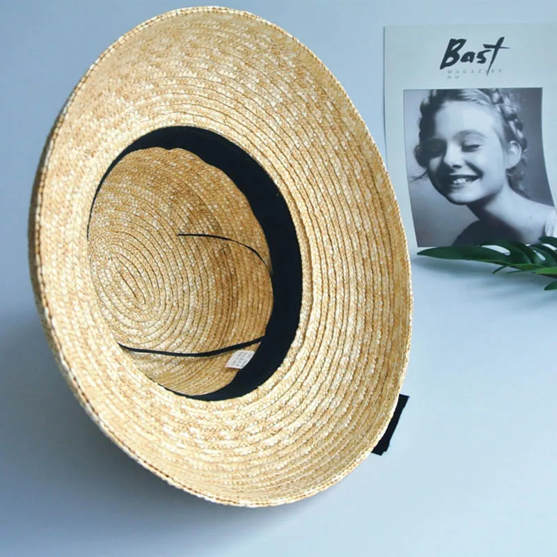 Wide Brim Summer Sun Hat for Women Kentucky Derby Hats Ladies Wheat Straw Hat Black Ribbon Flat Top Handmade Leisure Beach Hats