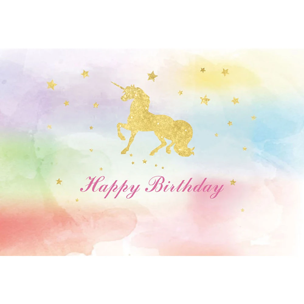 

Newborn Baby Unicorn Party Backdrop Photography Gold Unicorn Stars Printed Kids Happy Birthday Watercolor Photo Booth Background