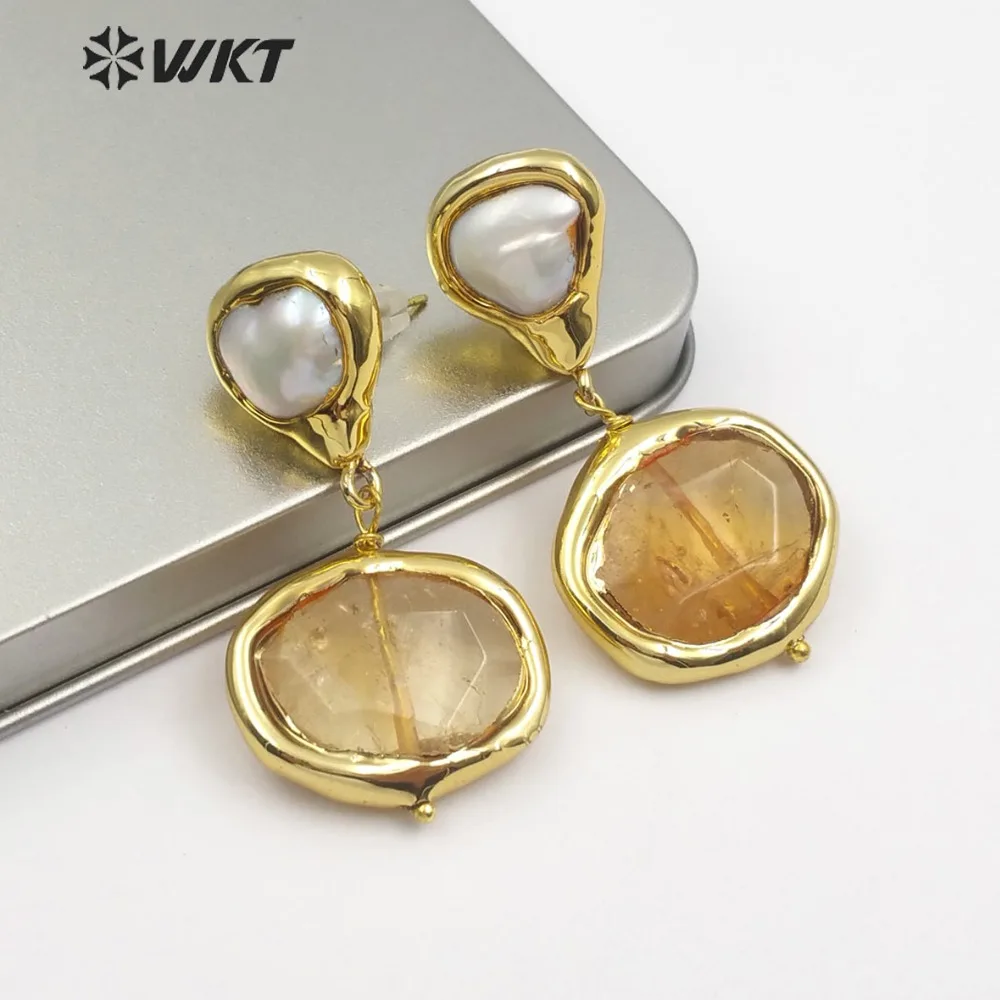 

WT-E481 Gold Trim Earring Freshwater Pearl Stud Rose Quartz Amazonite Yellow Crystal Inlay Fine Jewelry Gift For Female