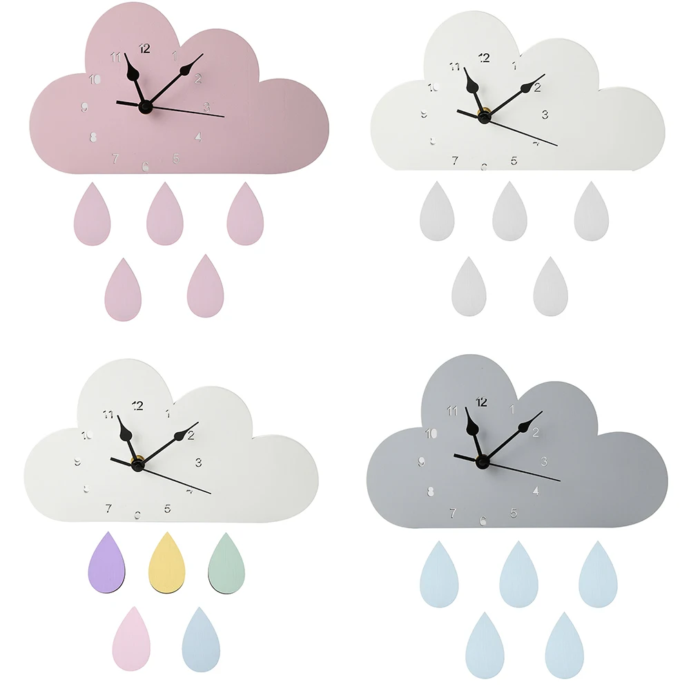 New 1pc Durable Nordic Wooden Cloud Raindrop Shaped Design Wall Clock Nursery Kids Room Decoration with 5 Raindrop Plates