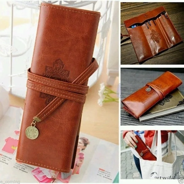 Cosmetic Case Make Up Pen Pencil Retro Leather Pouch Purse Bag