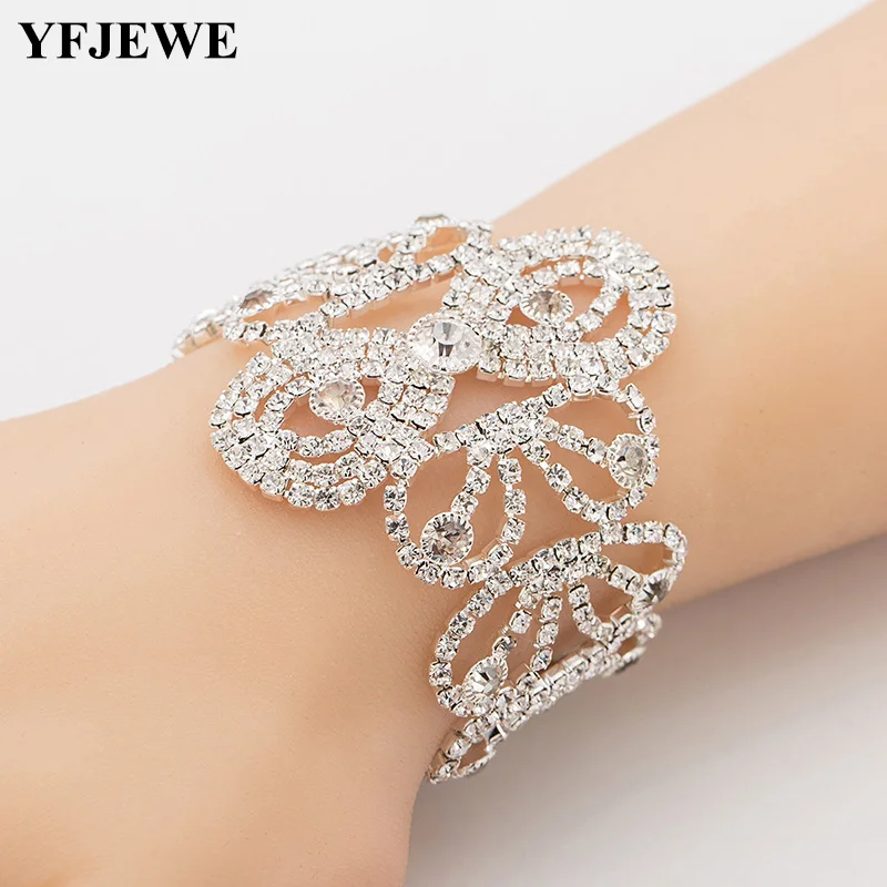 YFJEWE Silver color Gold Color Crystal Bracelet Flower Pattern Shiny Rhinestone Wide Bride Princess Wedding Jewelry Gifts B168