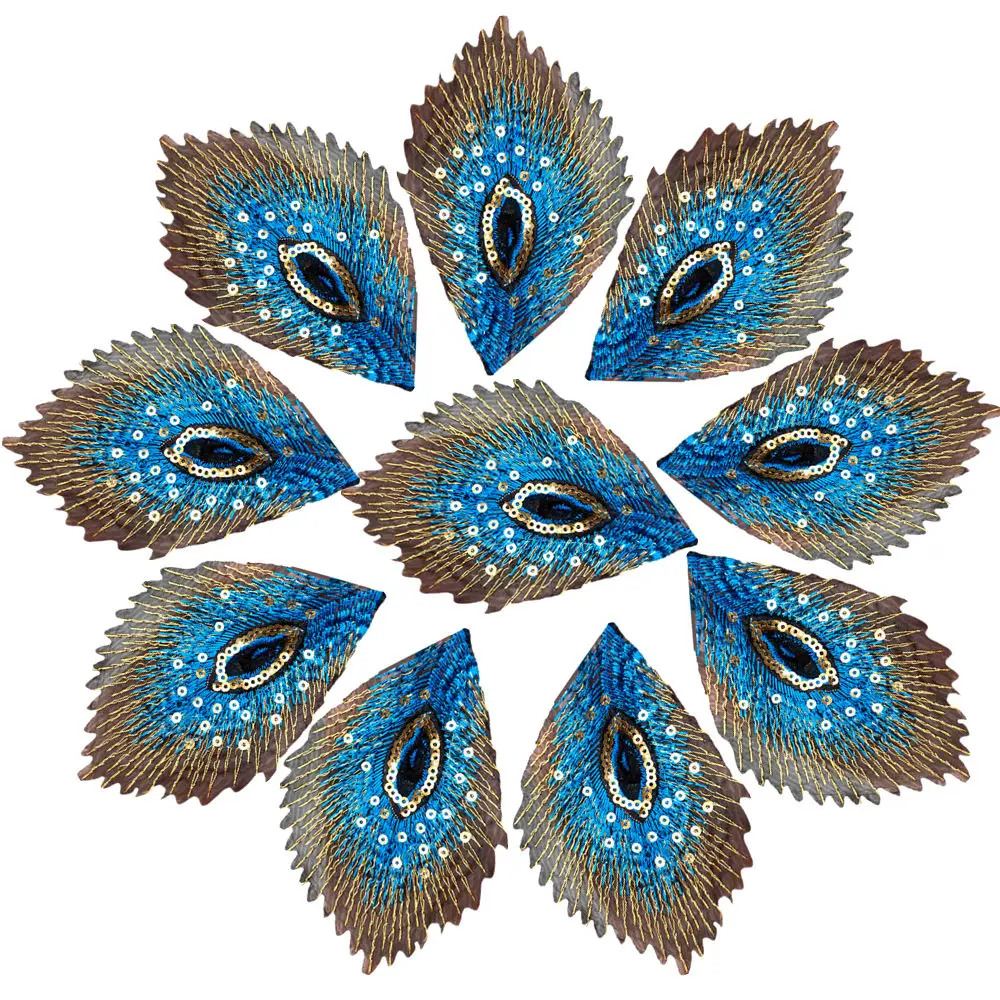 10PCS Sky Blue Peacock Feathers Phoenix Sequined Mesh Embroidered Sew Iron On Patches Badges For Dress DIY Appliques Decoration