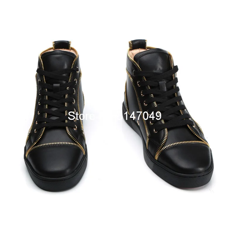 Lace Up Mens Shoes Casual Luxury Shoes Men Gold Zipper Bordered Mens Black High Tops Sneakers Spring Autumn Mens Moccasins Shoes