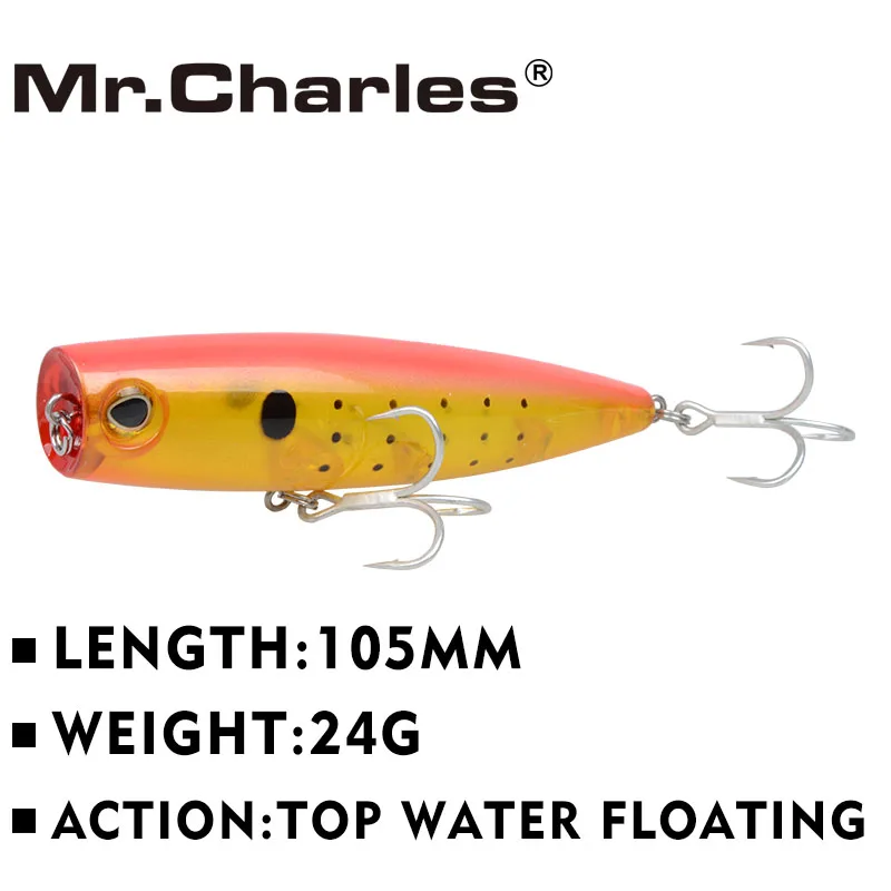 Mr.Charles-señuelo de Pesca CMC026, 105mm, 24g, Popper flotante de agua superior, ojos 3D, cebo Crankbait, Wobblers Isca, aparejos de Pesca