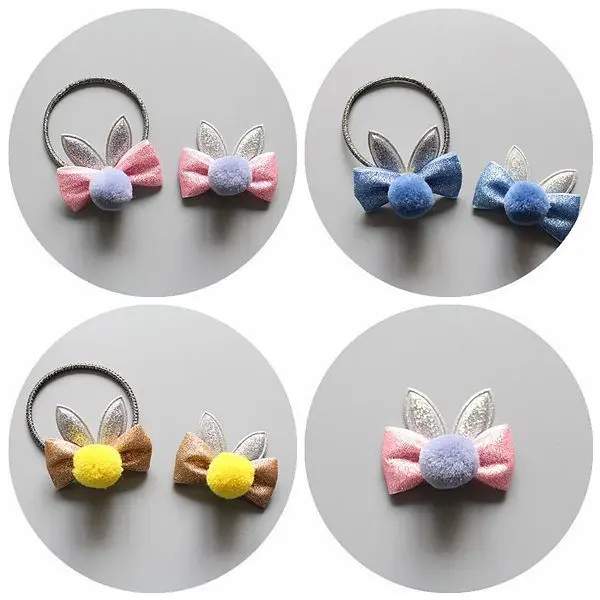 

30pcs/3C Fashion Cute Pom Pom Ball Bowknot Girls Hairpins Solid Kawaii Glitter Rabbit Ears Hair Bow Hair Clips Hair Accessories