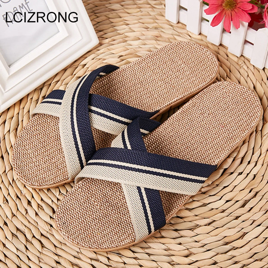 2023 18 Colors Linen Beach Slippers Men Large Size Home Shoes Flip Flops Man Indoor Bathroom Slides Unisex Family Slippers