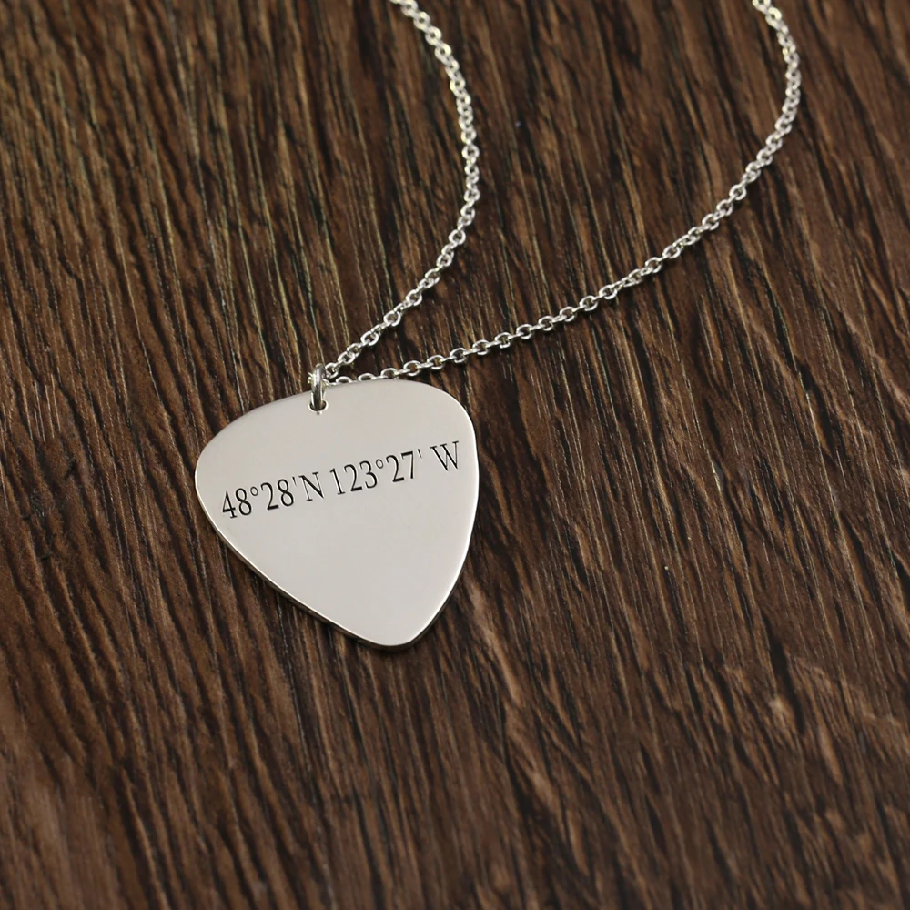 

Engraving Longitude Latitude Guitar Pick Pendent Necklace Stamped Personalized Message 925 Solid Silver Jewelry Gift