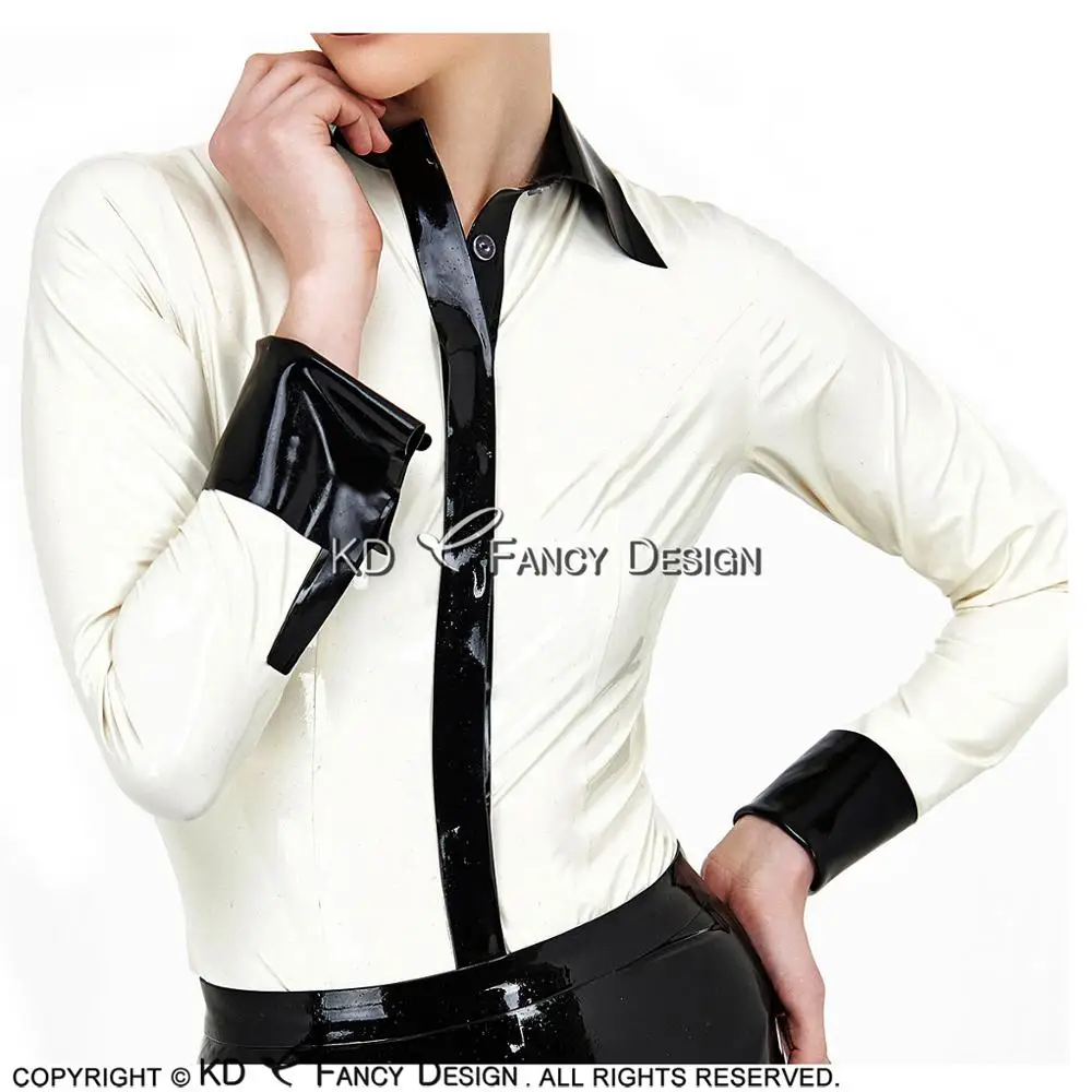 White And Black Sexy Latex Shirt With Buttons At Front Long Sleeves Turn Down Collar Rubber Blouse Top Clothing YF-0118