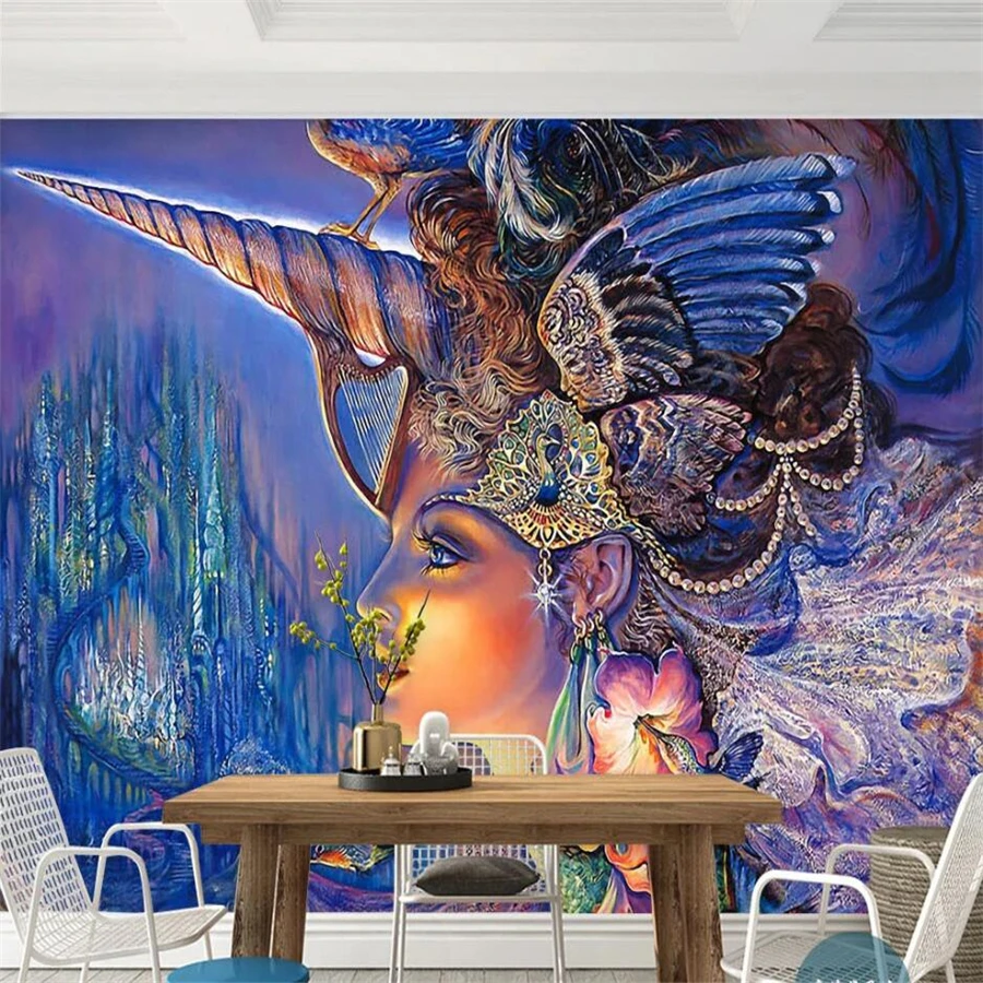 beibehang Custom wallpaper 3d mural unicorn goddess Continental myth magic color fairy hand painted sofa background wall paper