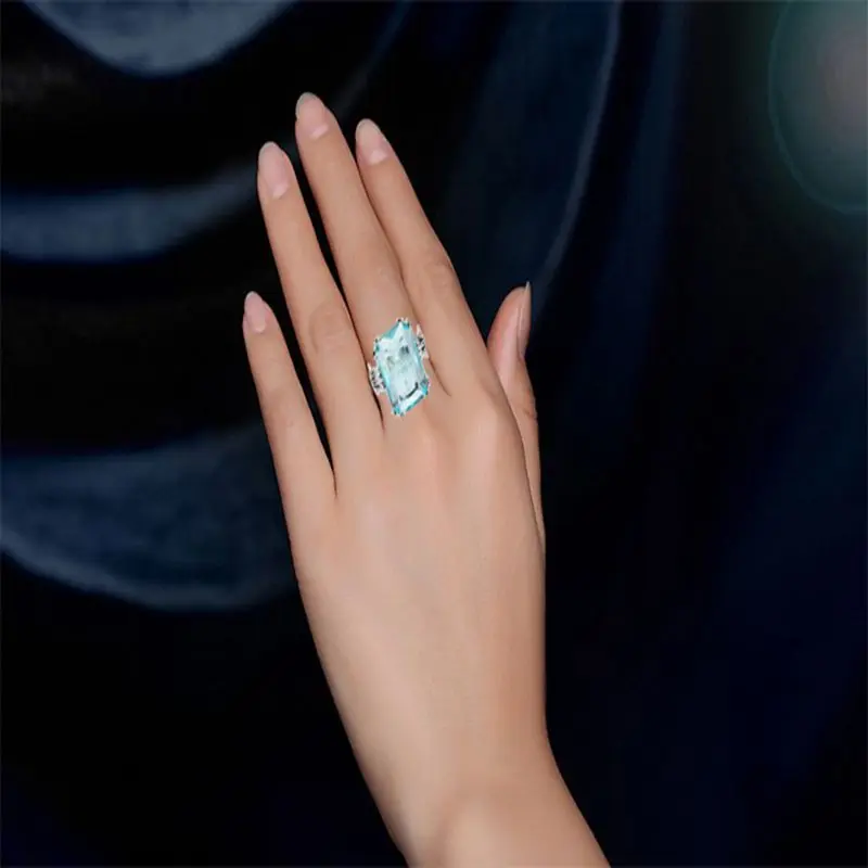 Luxury Square Charms Handmade Vintage Women\'s 925 Sterling Silver Birthstones Sky Blue Crystal Wedding Ring Brand Jewelry