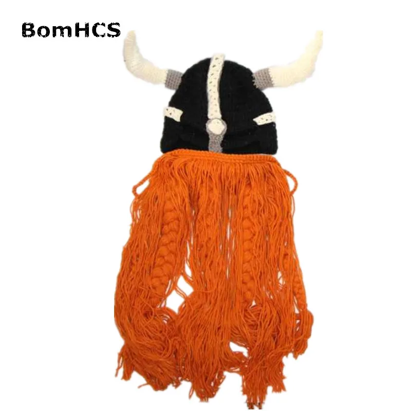 BomHCS Novetly Cool Super Big Beard Horns Beanie Vikings Helmet Armor Mask Hat 100% Handmade Knitted Halloween Gift Funny Party