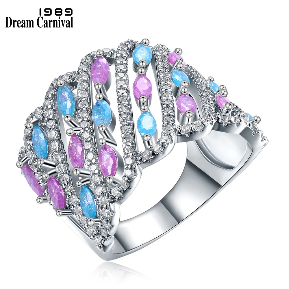 DreamCarnival 1989 Fancy Jewelry Candy Light Blue and Pink Mix Colors Glitter Zircon Cute Anillo Party Rings for Women SJ30053R