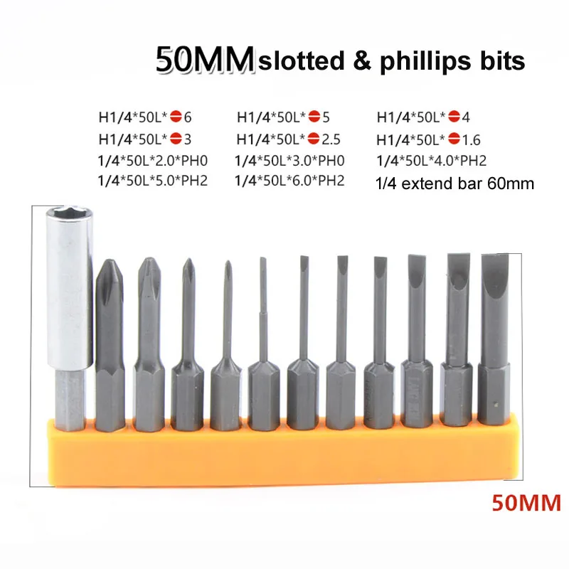 

12pcs/set 50MM Length S2 Alloy Magnetic 1/4 Hex Shank Slotted & Phillips Cross Screwdriver bit with Extend bar and Bits holder