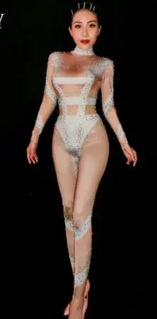 Rhinestone Skinny Jumpsuit แขนยาวยืดเซ็กซี่หินธรรมดา Bodysuit Stage Performance Party One - piece Leotard