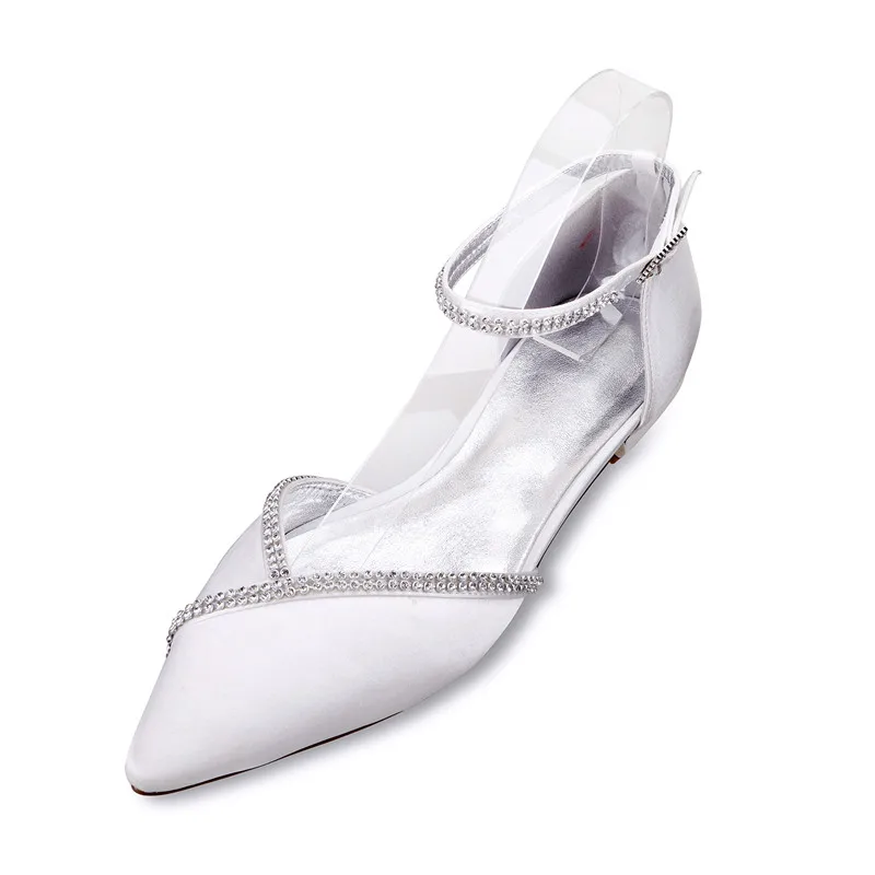 Women Satin Crystals Wedding Flats for Bride Pointed Toe Ankle Buckle Strap Prom Evening Brdial Party Dress Shoes Flats