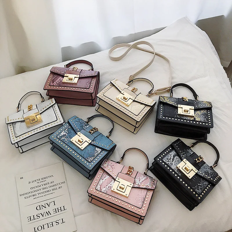 Women\'s Fashion Pu Leather Female Rivets Metal Lock Bag High Quality Shoulder Strap Bag Messenger Small Square Package 2019 New