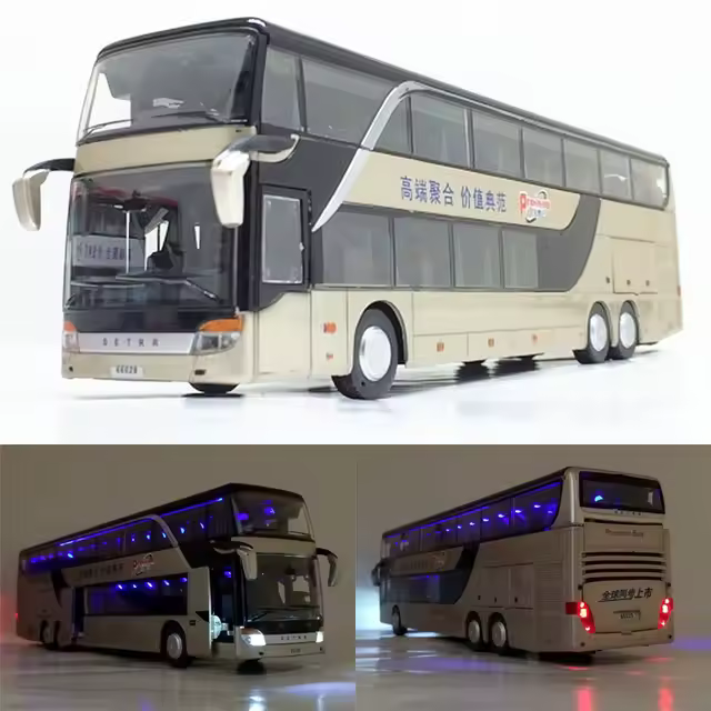 Venta Modelo de autobús extraíble de aleación 1:32 de alta calidad, autobús turístico doble de alta imitación, vehículo de juguete flash, envío gratis