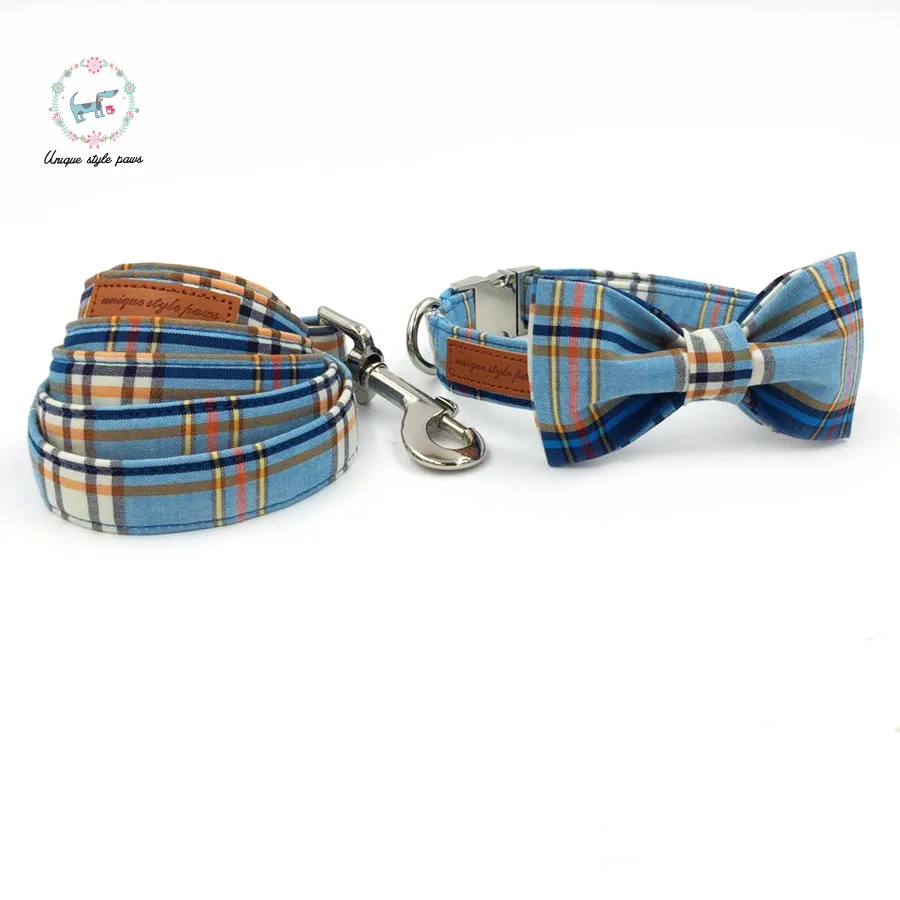 Blue Plaid Dog Collar With Bow Tie Basic Dog Cotton Dog &Cat Necklace For Pet Gift