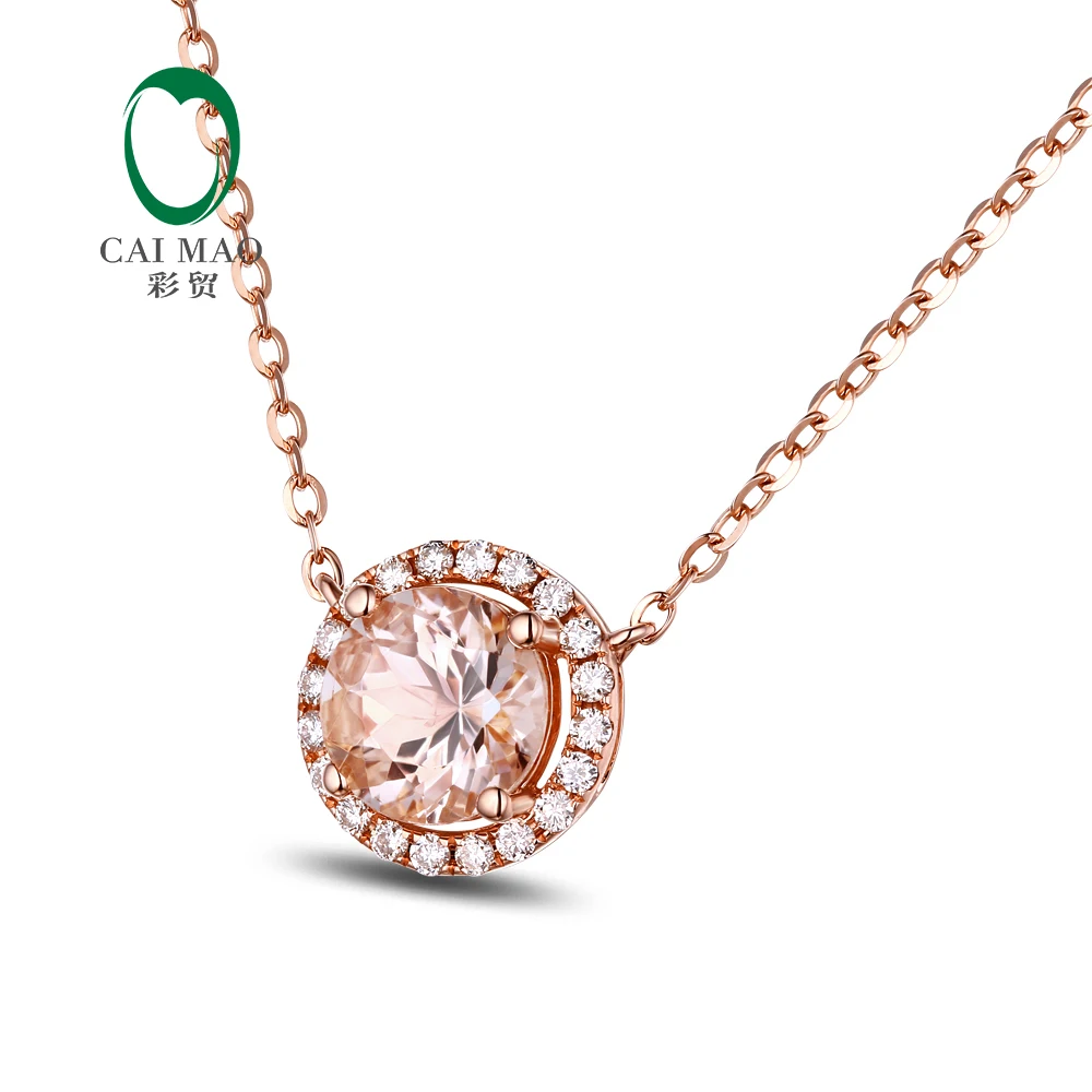 Caimao Jewelry 1.24ct VS 7mm Round Morganite Diamond Real 18k Rose Gold Engagement Pendant