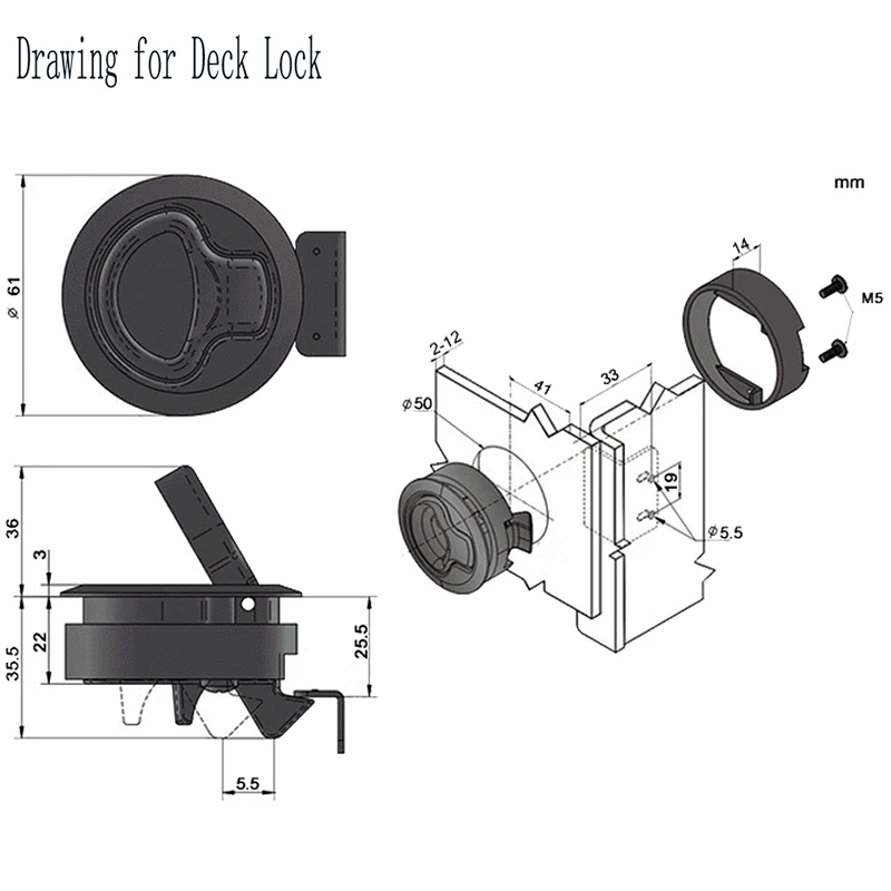 2 4 6 PCS Black Flush Boat Marine Latch Flush Pull for RV Boat Round Non-locking Handle Marine Deck Hatch Door Replacement Lock