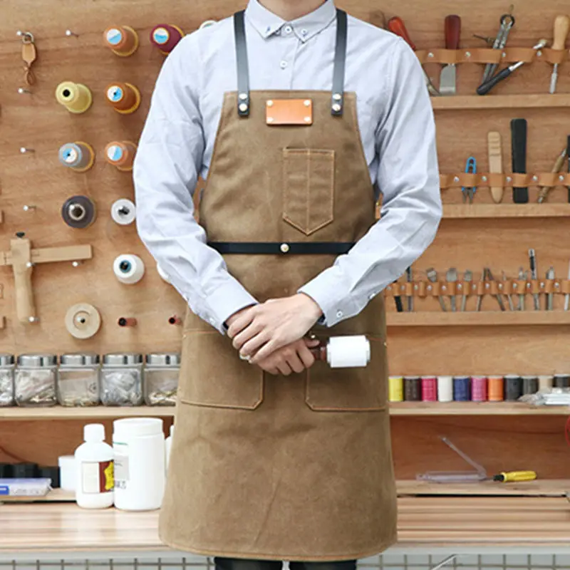 

Canvas Apron Cross Back Leather Strap Barber Barista Florist BBQ Chef Uniform Bartender Carpenter Gardener Painter Work Wear K71