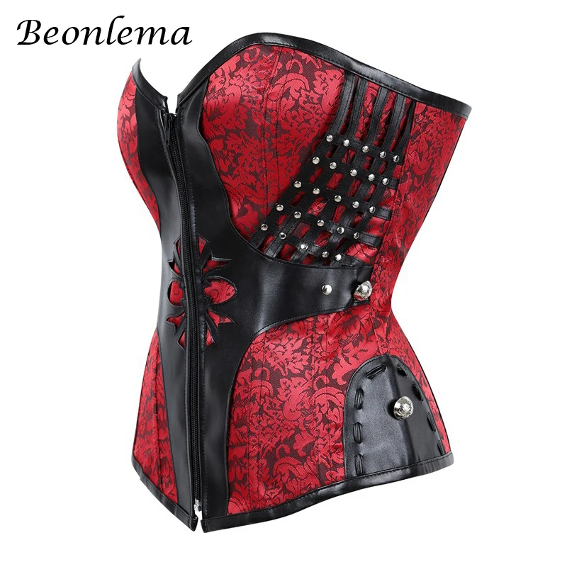 Beonlema Gothic Women Corset Sexy Bustiers Steampunk Faux Leather Corsets Lacing Up Black Red Goth Clothing With Zipper