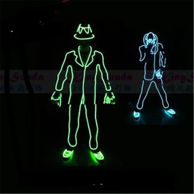 Wholesale Price Led Luminous Flashing ELWire Robot Suit Costume With Cap,Gloves And Shoes  MJ Style Clothing Dance Wear