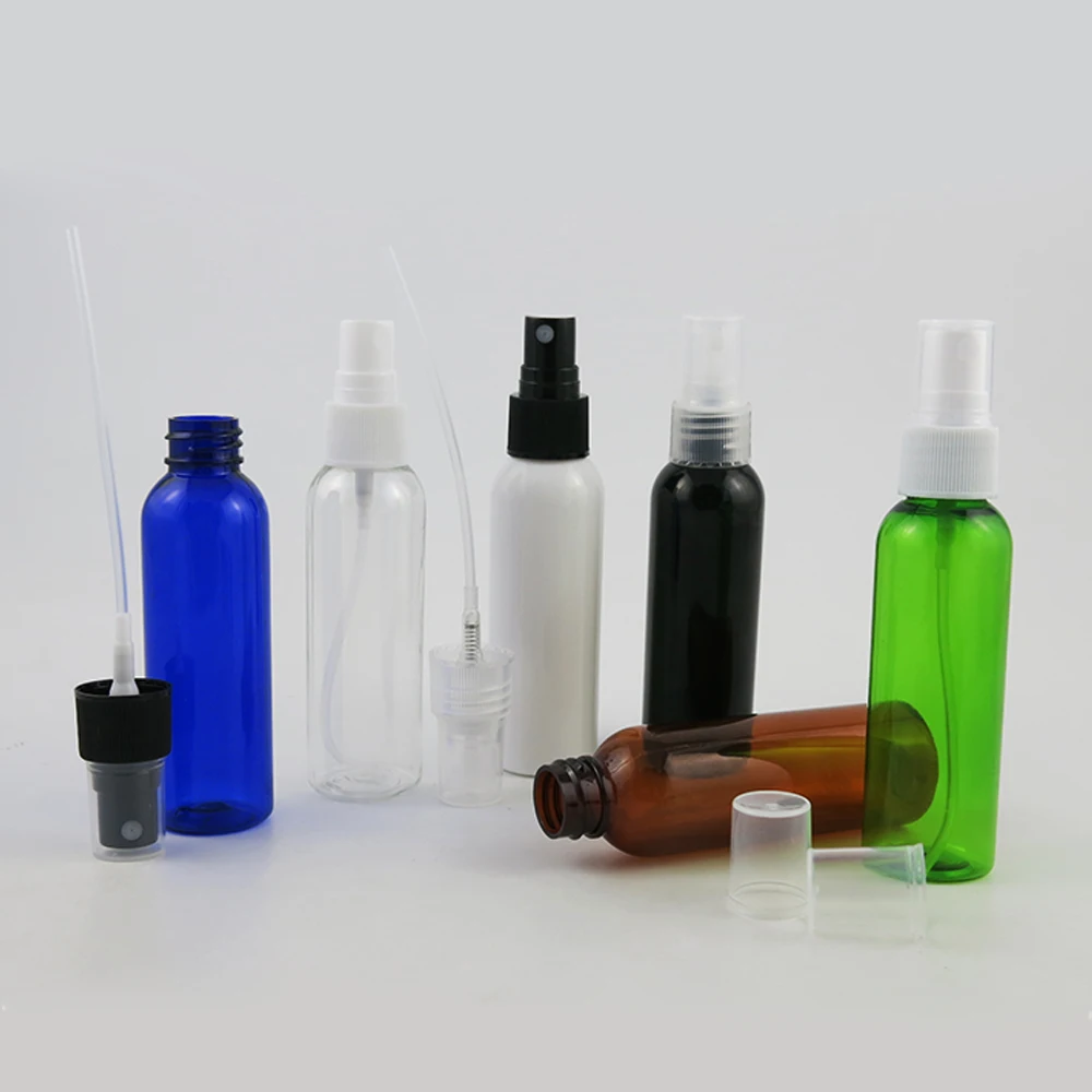 50pcs 60ml Empty Clear Amber White Black Green Blue PET Plastic Bottle With Mist Sprayer Travel  Packaging Cosmetic Container