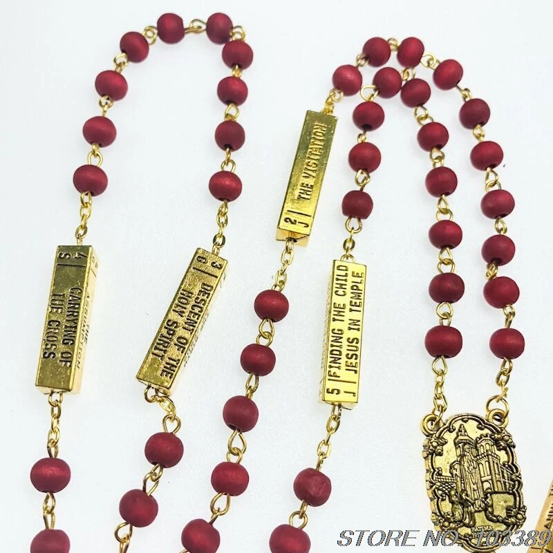 6*7mm red maple wood bead rosary, scented religious necklace, with FATIMA and the five mysteries connector