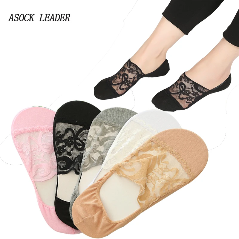 

2018 Summer New fashion Women Socks Lace Boat Socks Seamless Invisible Socks Anti-off Shallow mouth Trendy Sock 5 Pairs