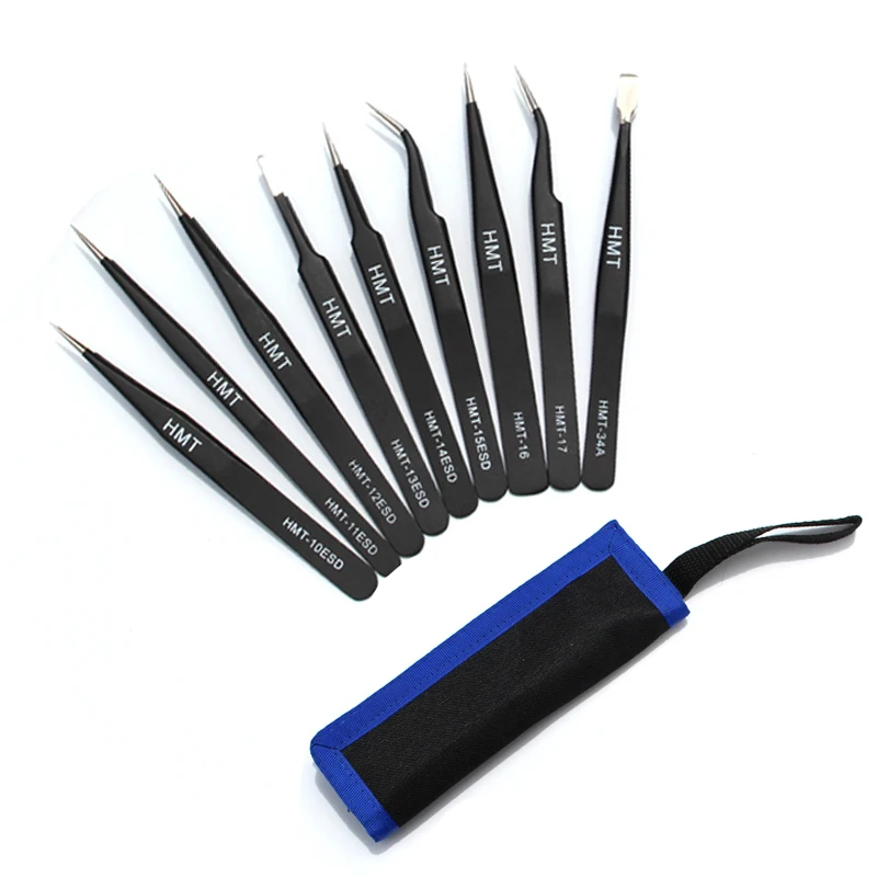 9pcs/lot Precision Stainless Steel Tweezers ESD Anti-static Tweezer Repair Tools Kit for Electronics Phone BGA Repairing