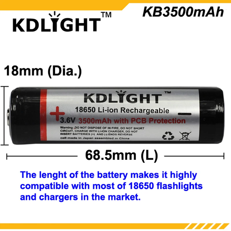 KDLITKER KB3500mAh 3.6V 3500mAh Rechargeable Li-ion 18650 Battery with PCB