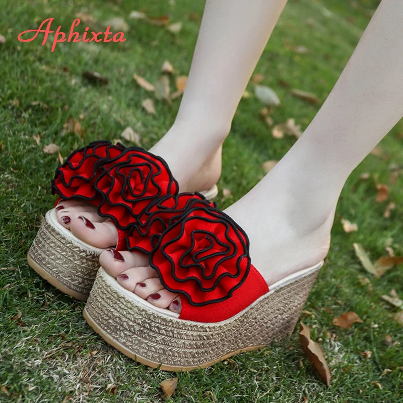 Aphixta 9cm Platform Wedge Slippers Women Shoes Clog Riband Rose Flowers Sandals Girls Flip Flop Slides Pantoufle Femme