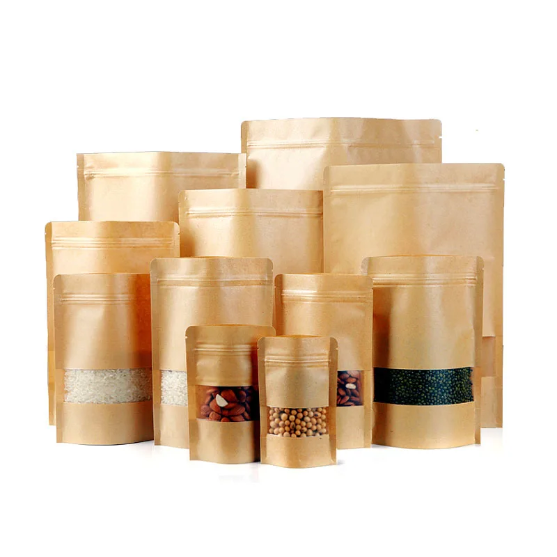 Zip Lock Kraft Paper, Frosted Window, Stand Up Gift, Dried Food, Fruit Tea Packaging Pouches, Zipper Self Sealing Bags,50Pcs Lot