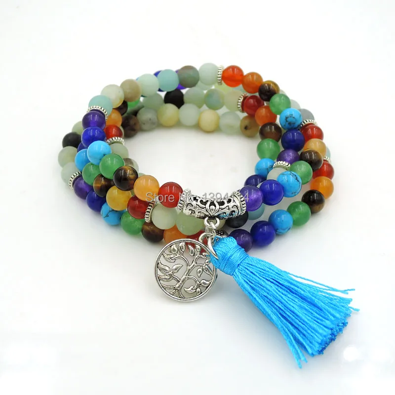 Balance Combination Of Frosted Amazonite And Chakela Stone Elasticated Beaded Bracelet Tree Life Accessory With Tassel