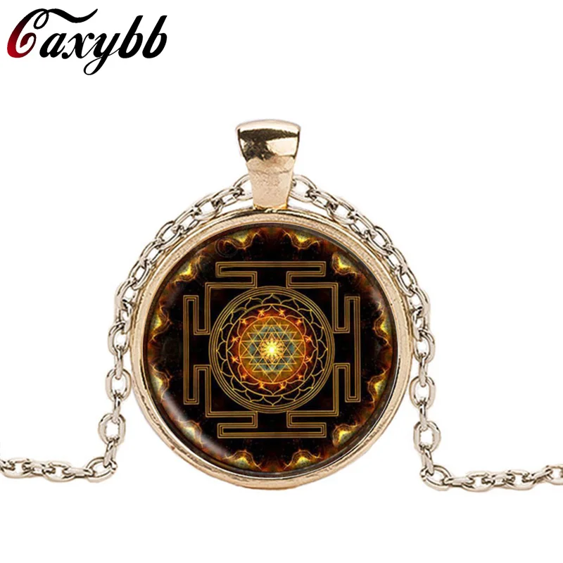 Caxybb Hot Buddhist Sri Yantra Jewelery Pendant Sacred Geometry Necklace  glass Jewelry Mandala Buddhist Necklace Women Jewelry