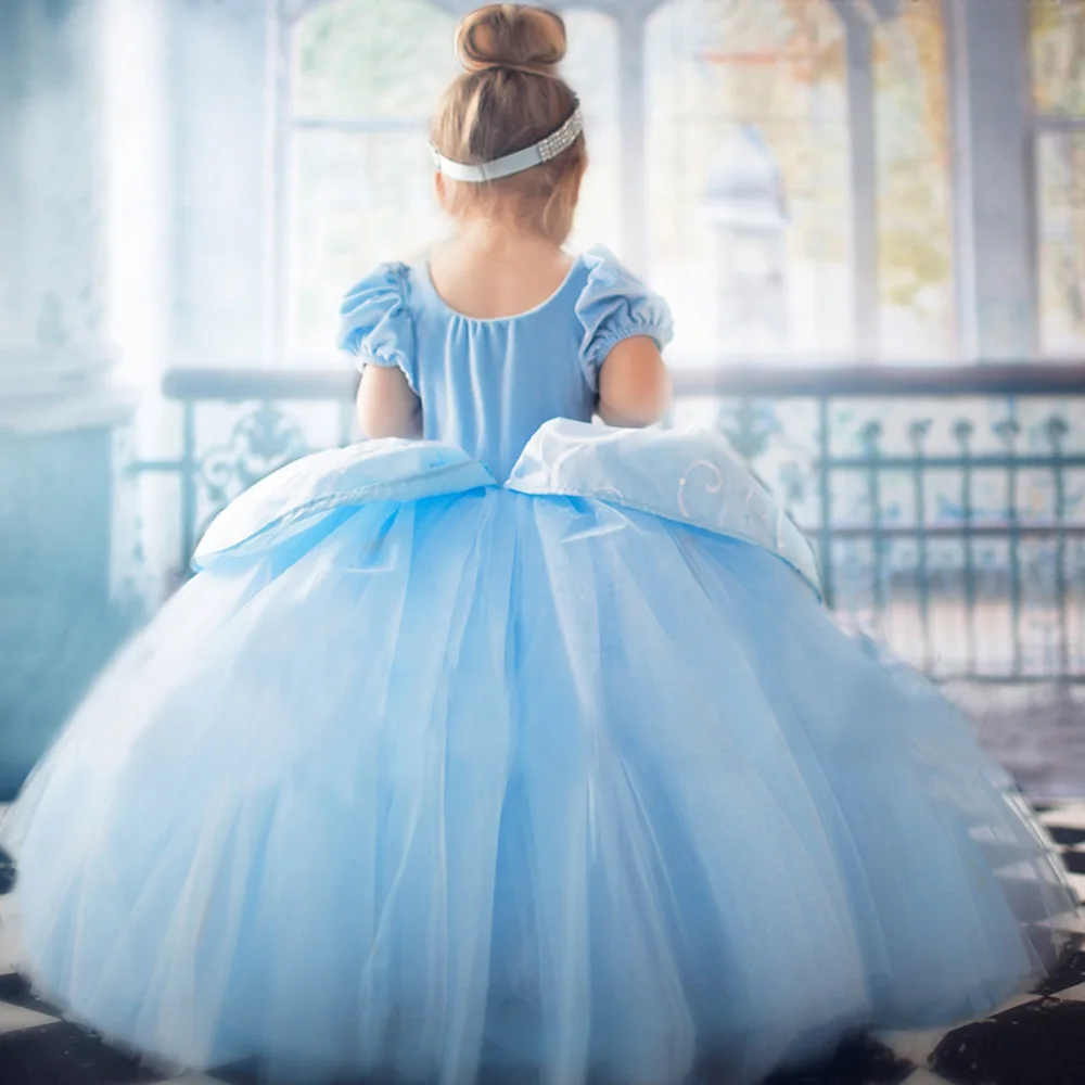 Girls Cinderella Dress up Cosplay Costumes Kids Puff Sleeve Embroidery Blue Clothes Child Christmas Birthday Princess Dresses