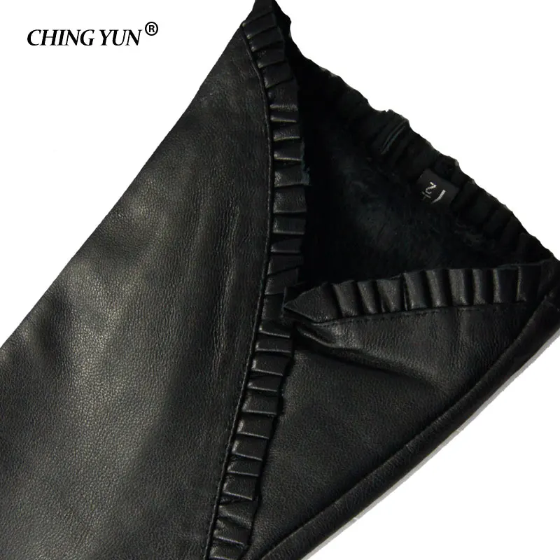 Chingyun Winter Lady Mode Schapenvacht Leren Handschoenen Vrouwen Echt Lederen Wanten Dames Lange Stijl Houden Warme Arm Mouw