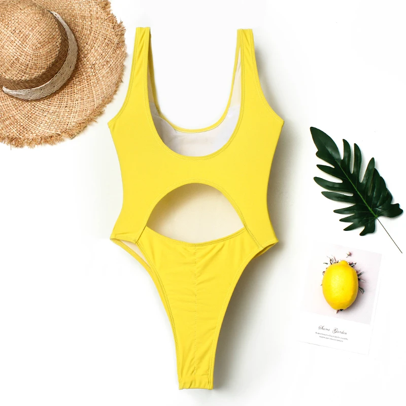 Stringi jednoczęściowy strój kąpielowy kobiety w stylu Vintage stroje kąpielowe wycięty tył Monokini żółty strój kąpielowy 2019 bikini Maillot De