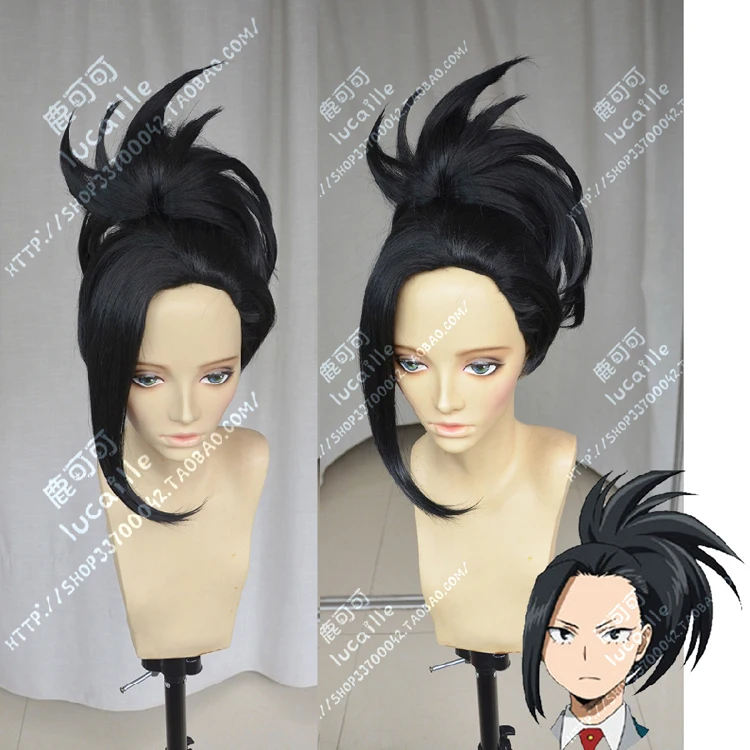 Peluca de Cosplay de Anime Baku no Hero Momo Yaoyorozu, cola de caballo negra corta, resistente al calor, disfraces, necesita estilo