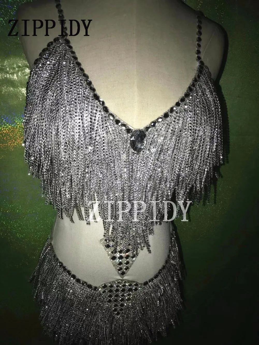 Sexy Silver Rhinestones Tassel Bodysuit Costume Nightclub Dj Celebrate Performance Outfit Crystals Wear Stage Show Leotard