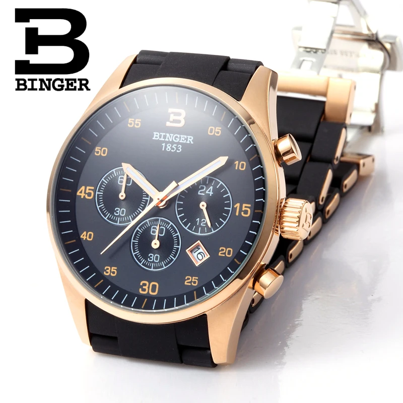 Luxury Brand Switzerland BINGER Men Stainless Steel Sapphire Luminous Gold Quartz Watches Hunter Three Eye Stopwatch waterproof