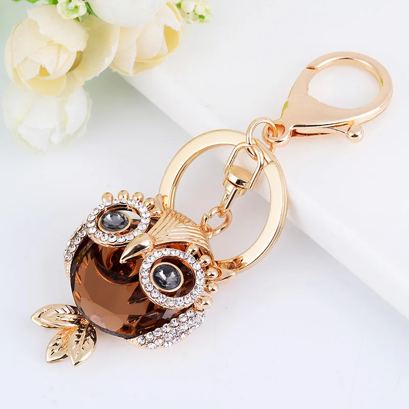EASYA Crystal Owl Keychain Champagne Rhinestone Car Keyring Women\'s Fashion Bag Accessory Metal Owl Key Chain